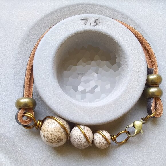 Chunky Graduated Picture Jasper + Genuine Rawhide Bracelet! Rustic Rugged Femme - Picture 5 of 6
